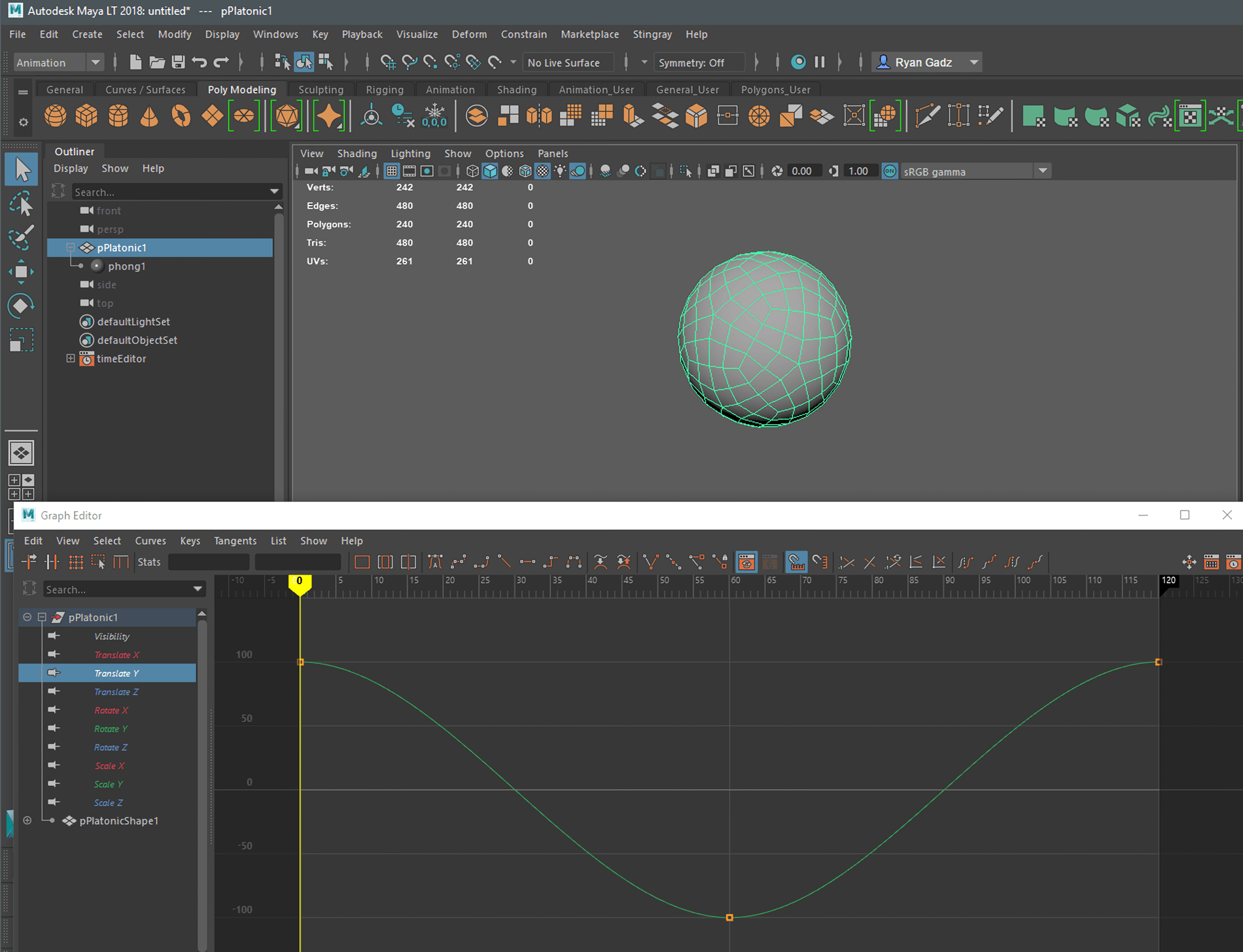 Maya Graph Editor UI animating a sphere.