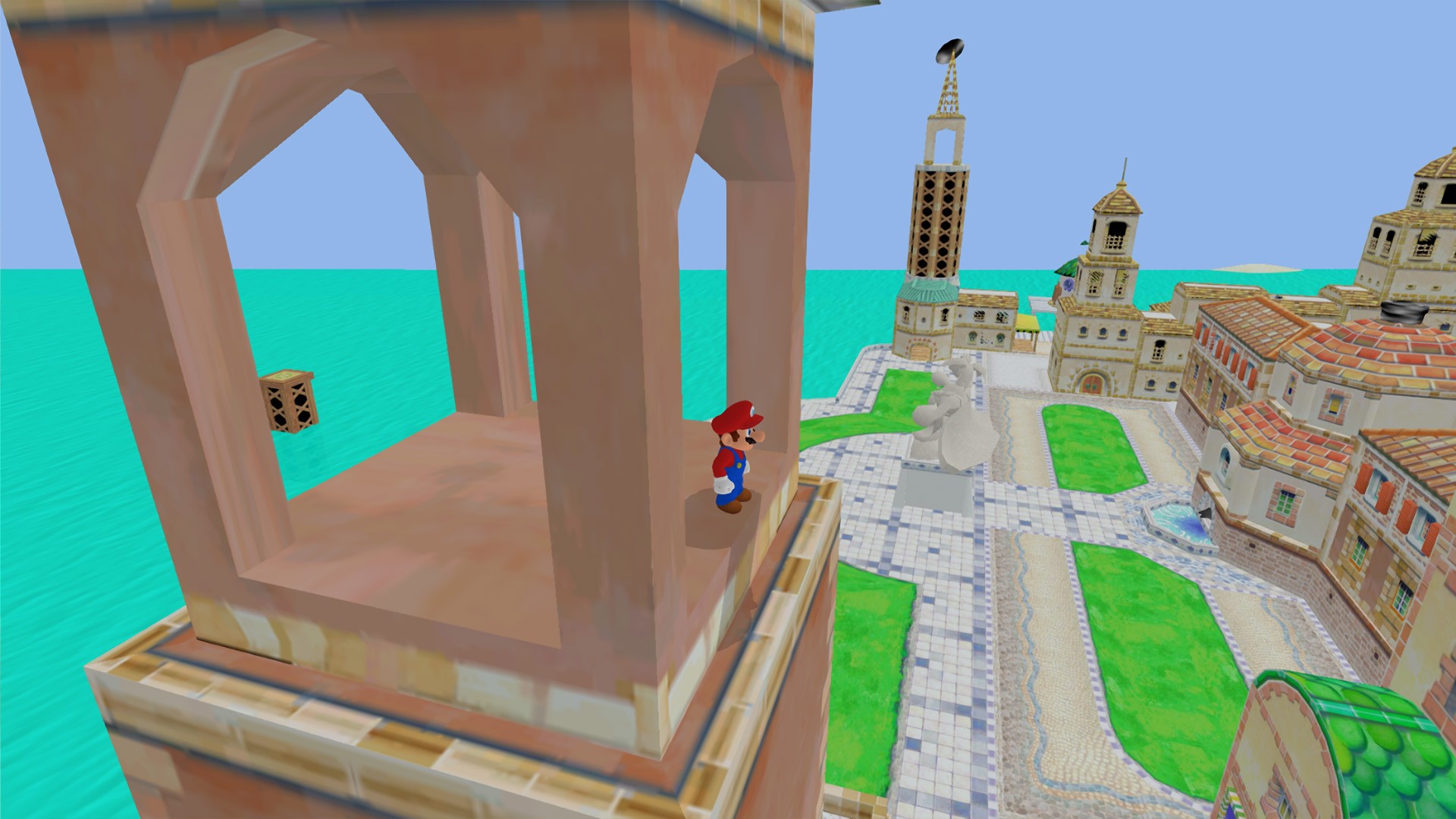 3D Game screenshot: Mario overlooking an optimized & camera culled city.