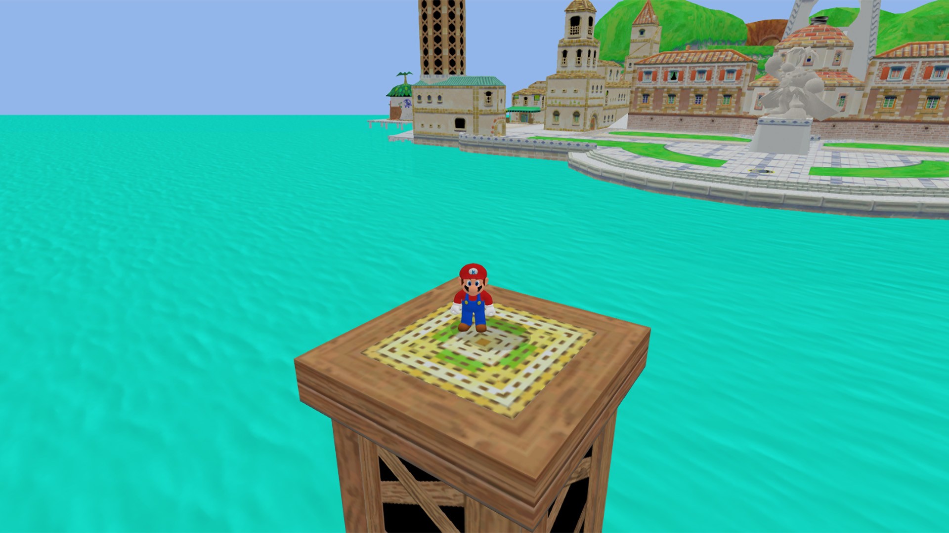Game screenshot: water shader with low-poly Italian city.
