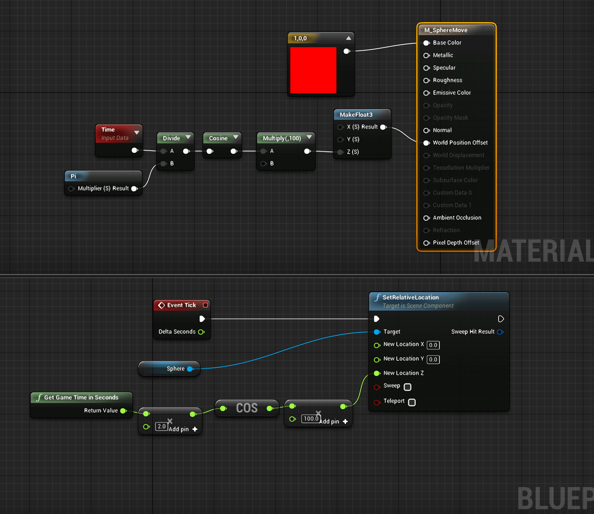 UE4 Blueprints screencap vs UE4 Mat Animation screencap